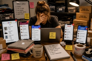 Overwhelmed online reseller managing eBay, Poshmark, Mercari, Depop, and Facebook Marketplace listings surrounded by shipping supplies and inventory clutter